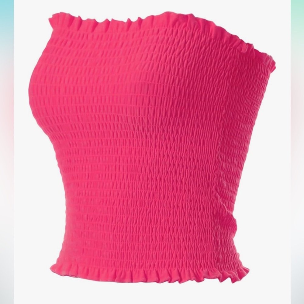 Pink strapless tube crop top ruffle smocked barbie bombshell pinup babydoll nwt